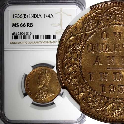インド-イギリス ジョージ 5 世 ブロンズ 1936 (B) 1/4 アンナ NGC MS66 RB GEM BU KM# 512 (19)