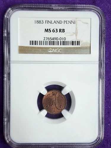 フィンランド、ロシア皇帝アレクサンドル3世、1ペンス、1883年、NGC MS 63 RB、PQ 輝光 37,895円