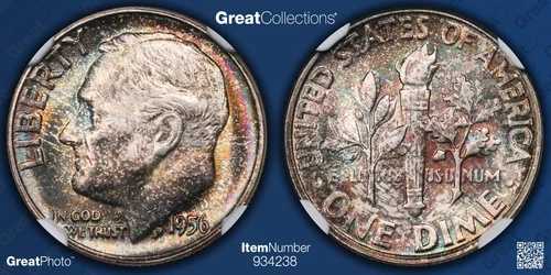 1956年 トーン加工 ルーズベルト ダイム NGC MS 66 FT MS66FB トーン加工 シルバーコイン 10セント