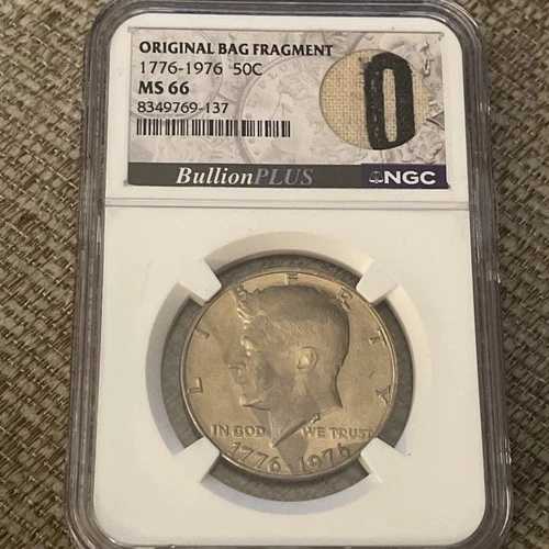 1976年 ケネディ生誕200周年記念ハーフ - NGC MS66、オリジナルバッグの破片付き（ロット番号17）