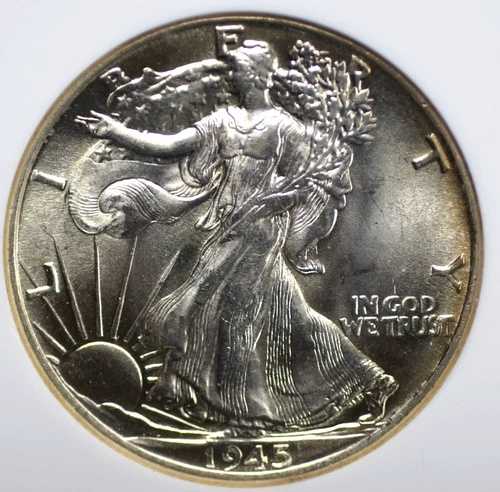 1945年 ウォーキング リバティ ハーフ NGC MS 63 輝かしく輝く白い光沢