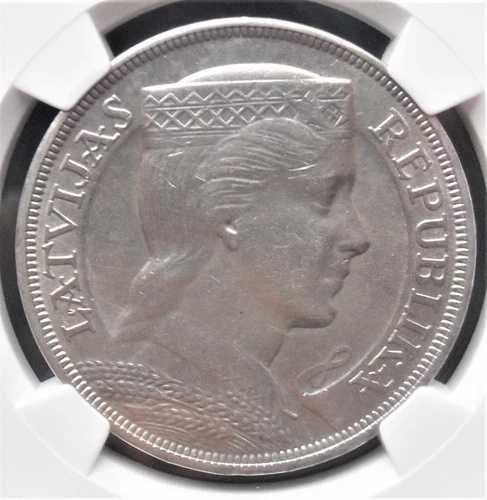 1929年 ラトビア 5ラティ、NGC Unc. 詳細、美品銀貨 # 1147、# 25-5