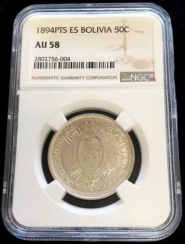 1894 PTS ES シルバー ボリビア 50 センターボ、1/2 ボリビアーノ コイン NGC 約 UNC 58