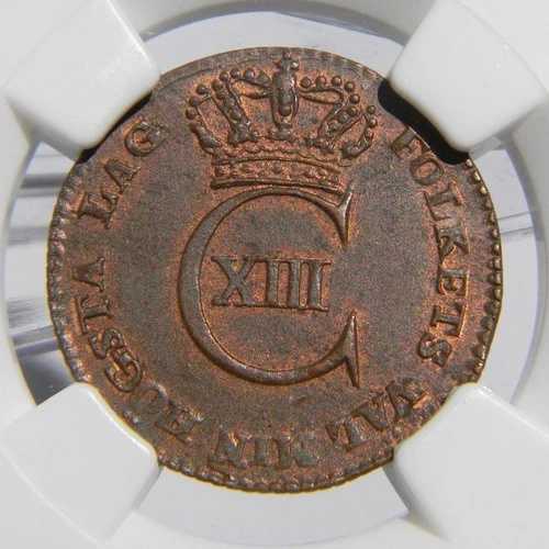 スウェーデン、カール13世：1812年銅貨 1/12 スキリング1年型、赤褐色 NGC MS63BN