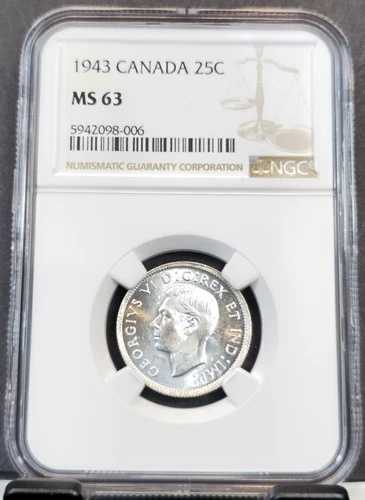 1943年 カナダ 銀貨 25セント 25C カリブー NGC MS 63 希少 美しい光沢