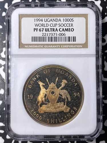 1994年 ウガンダ アメリカワールドカップ 1000シリング パターン NGC PR67 ウルトラカメオ ロット#G9726