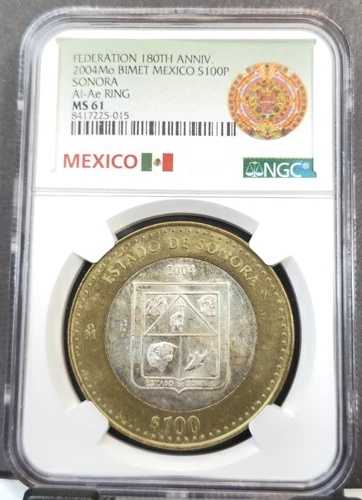 2004年 メキシコ シルバー 100ペソ S100P ソノラ州 NGC MS 61 希??少コイン 37,895円