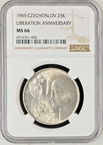 1965年 チェコスロバキア 銀貨 25コルナ S25K 解放記念 NGC MS 66 KM# 59