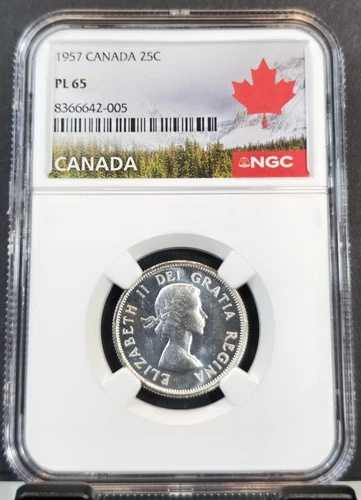 1957年カナダ銀貨25セントエリザベス2世NGC PL 65希少ジェムプルーフ