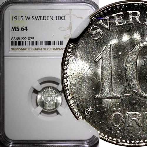 スウェーデン グスタフ5世 (1908-1950) 銀 1915 W 10 鉱石 NGC MS64 希少 KM# 780 (025)