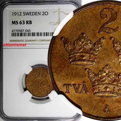 スウェーデン ブロンズ 1912 2 オーレ NGC MS63 RB ベターキーデート 発行枚数-445,750 KM# 778 (3)