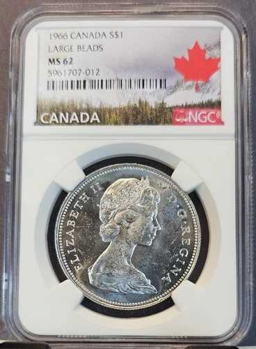 1966年カナダ銀貨 1ドル S$1 ラージビーズ NGC MS 62 光沢