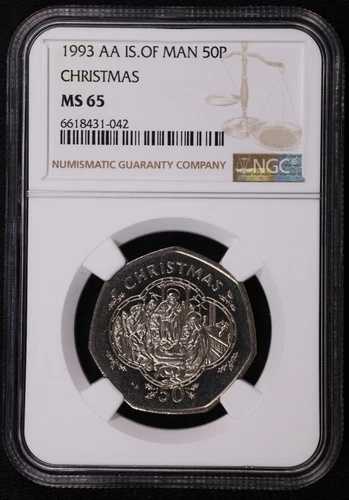 1993-AA マン島 50ペンス クリスマス CuNi 銅ニッケル貨 Km 356 NGC MS 65