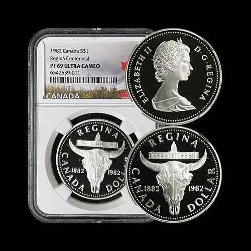 カナダ、1982年、1ドル、銀貨 - NGC PF69 - レジーナ100周年記念、牛の頭蓋骨