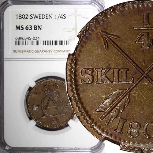 スウェーデン グスタフ4世アドルフ 1802年 1/4インチ スキリング NGC MS63 BN KM# 564 (024)