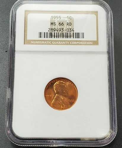 1955年 P リンカーン ウィート セント ペニー コイン NGC MS66 RD RED ヘッド部分に小さなダイ クラックあり