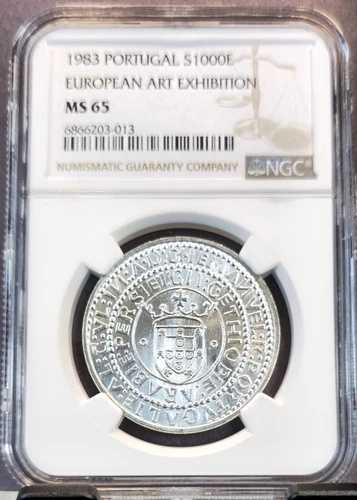 1983 ポルトガル シルバー 1000 エスクード ヨーロッパ美術展 NGC MS 65 ブライト ジェム
