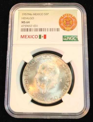 1957年 メキシコ シルバー 5ペソ S5P イダルゴ NGC MS 64 非常に良好な状態