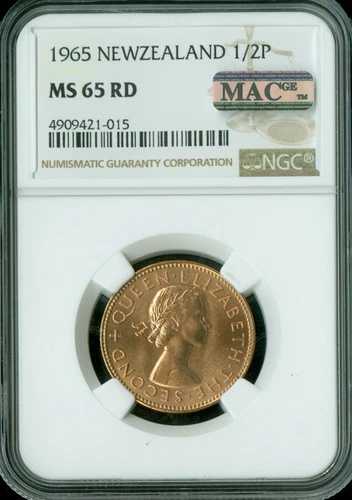1965 年ニュージーランド ハーフ ペニー NGC MS65 RD PQ MACSPOTLESS 。