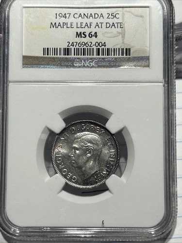 カナダ 1947年 25セント銀貨 メープルリーフ NGC MS 64 良好な色調