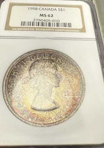 1958年カナダドル銀貨1ドル - NGC MS62 - レインボートーン 38,610円