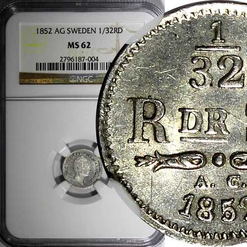 スウェーデン オスカー シルバー 1852 AG 1/32 リックスダーラー NGC MS62 ミント ラスター KM# 681 (004)