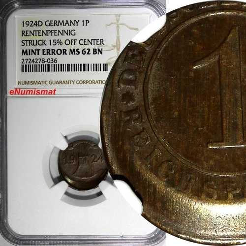 ドイツ - ワイマール 1924 D 1 ライヒシュペニッヒ NGC ミント エラー MS62 BN KM# 37 (036)