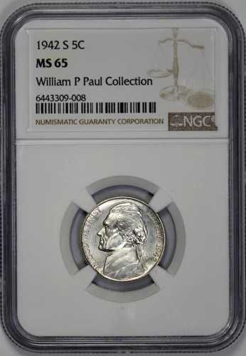 1942-S ジェファーソン 5セントニッケル NGC MS 65 鏡面