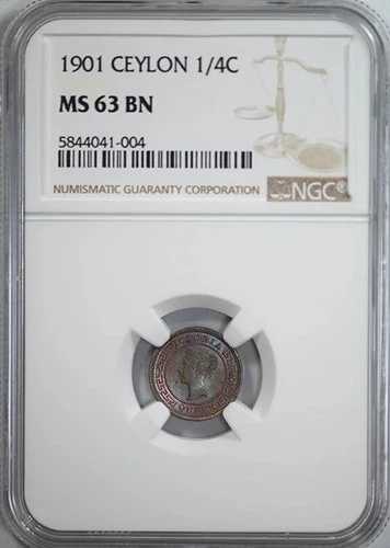 1901 年セイロン 1/4C クォーター セント NGC MS63BN - トーン加工済み!