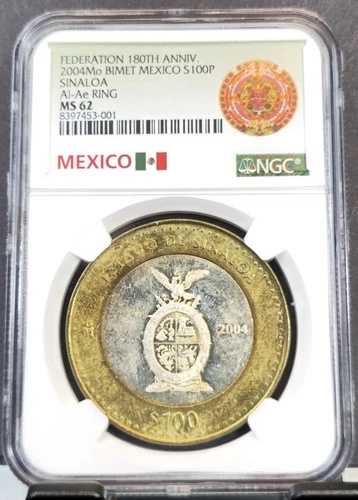 2004 メキシコ シルバー 100 ペソ エスタード デ シナロア NGC MS 62 レア コイン 38,610円