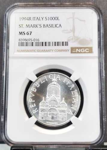 1994年 イタリア 銀貨 1000リラ S1000L サン・マルコ寺院 NGC MS 67 グレートコイン