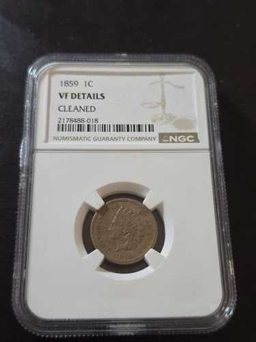 1859年インディアンヘッドセントペニーNGC VF詳細クリーニング済み、シールドなし裏面