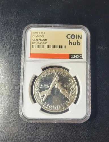 NGCジェムプルーフ 1988年オリンピック銀貨。カスタムコインハブラベル。