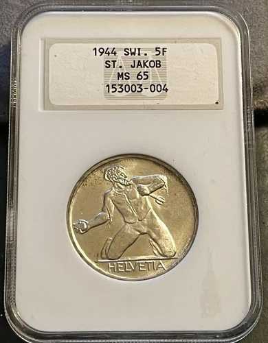 1944年製 石鹸箱ホルダー NGC MS 65 スイス 5フラン (セント・ヤコブ) 光沢あり