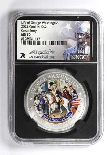 2021年 クック諸島 2ドル ジョージ・ワシントン グレートエントリー シルバーコイン NGC MS70