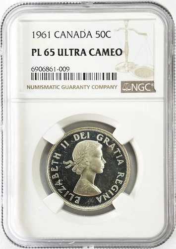 1961年 カナダ 50セント銀貨 エリザベス2世女王記念 NGCプルーフ 65ウルトラカム相当 38,610円