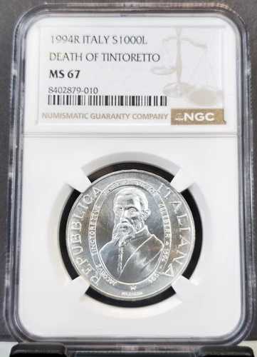 1994年 イタリア 銀貨 1000リラ ティントレットの死 NGC MS 67 希少宝石 美品