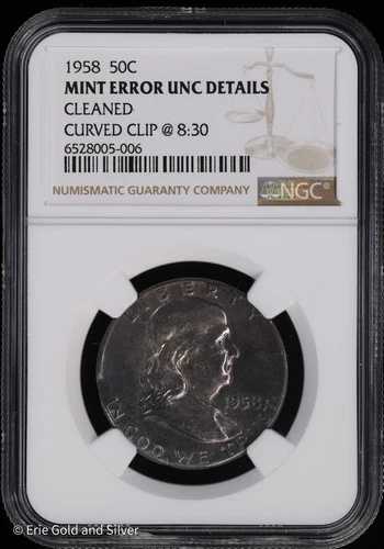 1958年 50セント フランクリン ハーフドル NGC ミントエラー UNC 詳細 | カーブクリップ @ 8:30