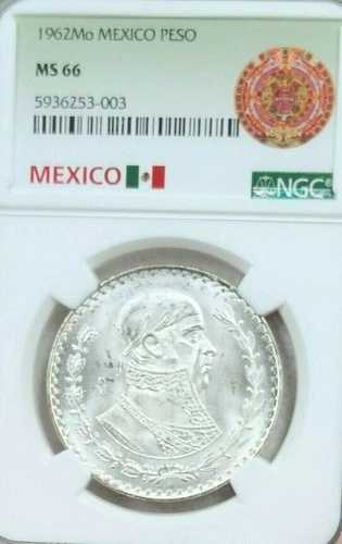 1962年 メキシコ シルバー 1ペソ ホセ・モレロス NGC MS 66 輝く宝石と霜のような輝き