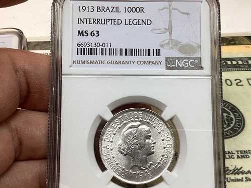 ブラジル 1913年 1000レイス 中断された伝説 NGC MS63
