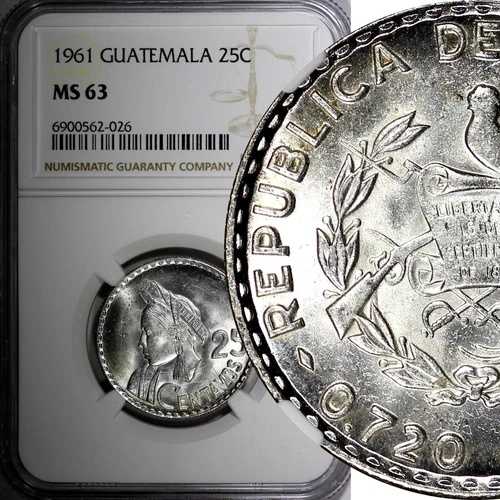 グアテマラ 銀貨 1961年 25センターボ NGC MS63 GEM BU KM# 263 (026)