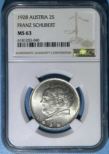 オーストリア 1928年 2シリング銀貨 音楽家 フランツ・シューベルト NGC MS 63 KM 2843