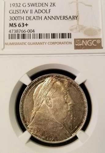 1932年 スウェーデン 銀貨 2クローナ グスタフ2世 没後記念 NGC MS 63+ 高品位美品