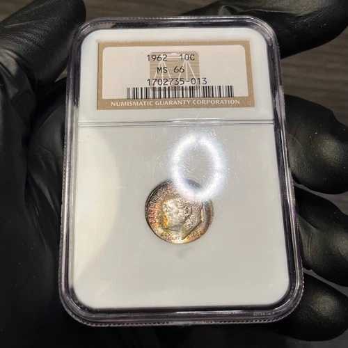 MS66 1962年 10セント ルーズベルト シルバーダイム、NGC-オールドホルダー、レインボーEORトーン