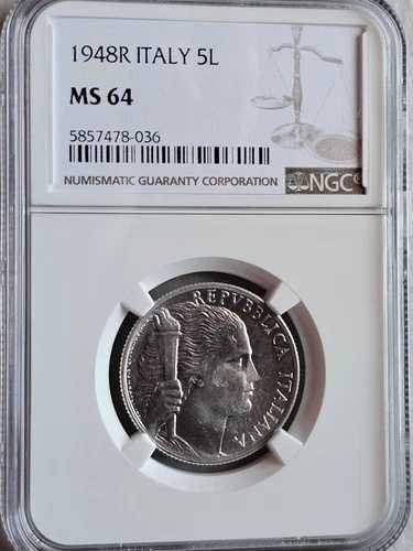 イタリア 5リラ 1948R NGC MS 64 38,610円