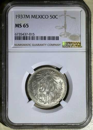 メキシコ 1937年 - M シルバー 50 センターボ 未流通 Unc コイン NGC MS 65 KM# 447