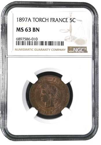 P203、フランス、第三共和政、5サンチーム 1897 A（トーチ）パリ造幣局、NGC MS63BN