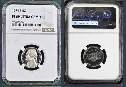 1974 S ジェファーソン ニッケル 5C PF69 ウルトラカメオ NGC; PR69 DCAM; それ以上のものはなし