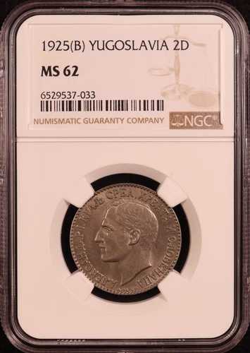 1925年ユーゴスラビア「アレクサンドル1世」2ディナール金貨 - NGC MS62！魅力的な光沢！PQ+