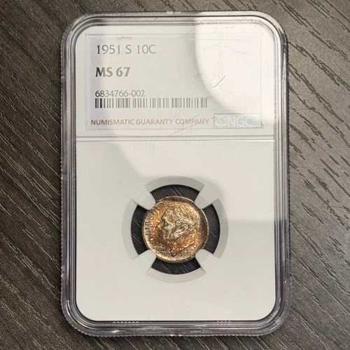 MS67 1951 10セント ルーズベルト シルバーダイム、NGC- 新品未使用、トーンあり
